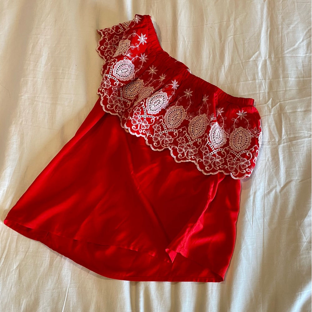 One shoulder red and white top by Maette, size small, EUC